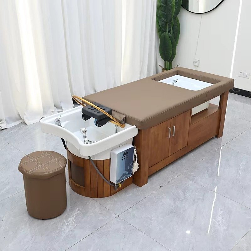 New Arrival Barbershop Furniture Solid Wood Washing Chair Bed Modern Head Spa Foot Bath and Hair Shampoo Bed with Storage