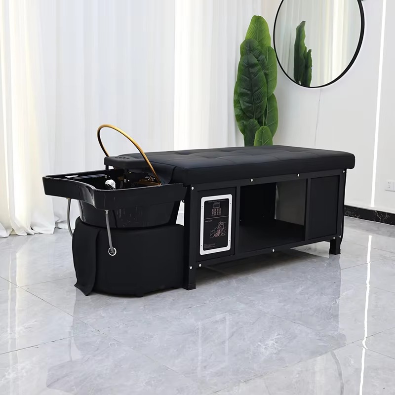 Thai Style Lay Down Barber Shop Water Circulation Washing Bed Modern Luxury Full Black Salon Shampoo Bed with Steamer