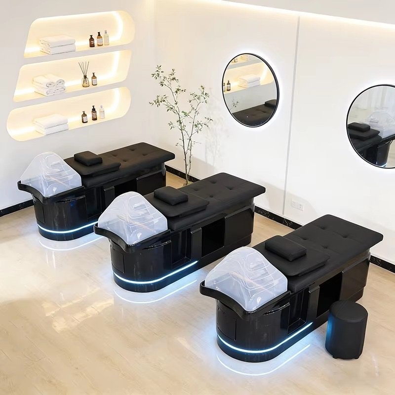 Thia Style Water Circulation Full Black Washing Chair Bed Modern Lay Down Head Therapy Spa Shampoo Bed with Lights and Steamer