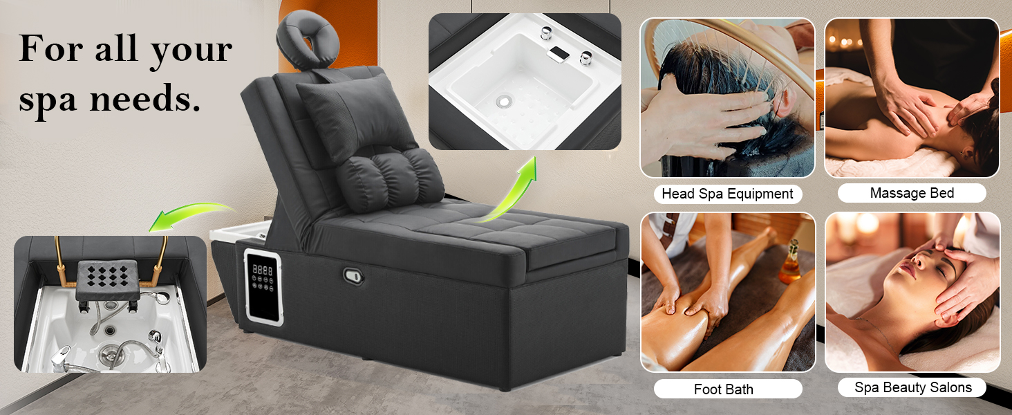 Sannewstartu Massage Bed with Shampoo Bowl - Professional Head Spa Equipment for Beauty Salons, Adjustable Backwash Unit with Foot Bath Function, Beauty Bed, Black