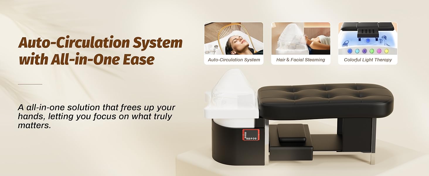 Baasha Head Spa Bed with Water Circulation, All-in-One Shampoo Bed Chair for Salons. Integrated Steam Treatment, 7-Color Light Therapy & Scalp Massage Table for Beauty