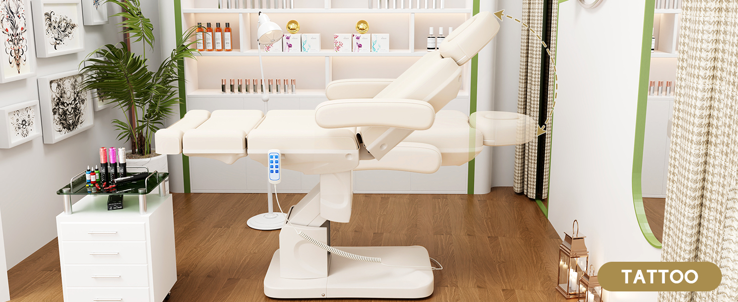 Beige Gray 4 Motor Electric Medical Treatment Exam Chair, Aluminum Hydraulic System for Facial, Spa, Eyelash, Tattoo, Podiatry Treatment Beauty Massage, Hand Remote Controlled Adjustable Chair Bed