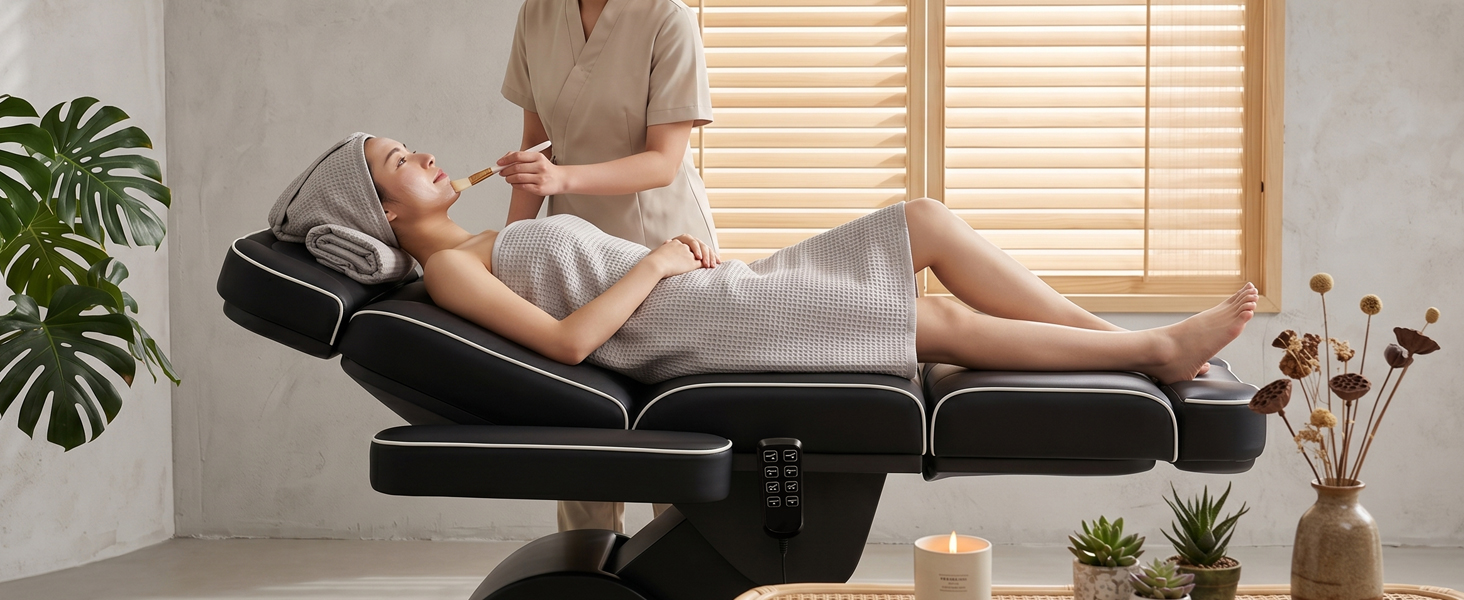 Qnoxlim Full Electric Massage Table with Lift,Whole Piece 3 Motor Professional Facial Bed for Estheticians, Spa & Waxing, Heavy-Duty Adjustable Massage Bed for Physical Therapy (Black)