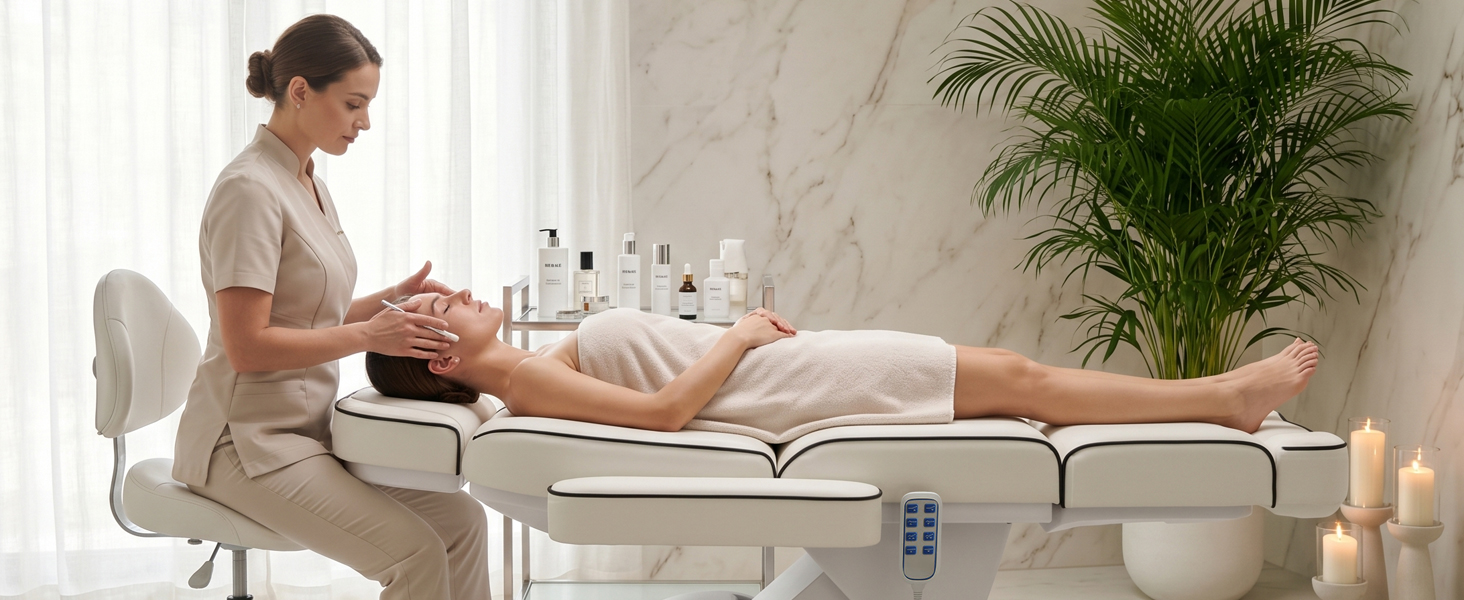 Lexdiwer Whole Piece Fully Electric Facial Massage Bed with 3 Motors for Esthetician, Electric Tattoo Chair for Client, Facial Bed for Esthetician, Electric Adjustment (White)