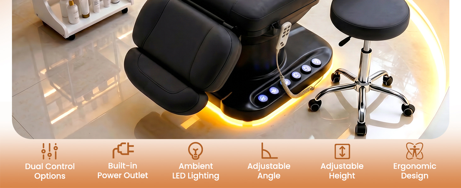 Oakvera Fully Electric Massage Table with 3 Motors, Professional Esthetician Bed with LED Light, Height, Length & Angle Adjustable Beauty Spa Bed for Facial & Medical, Stool Included, Black