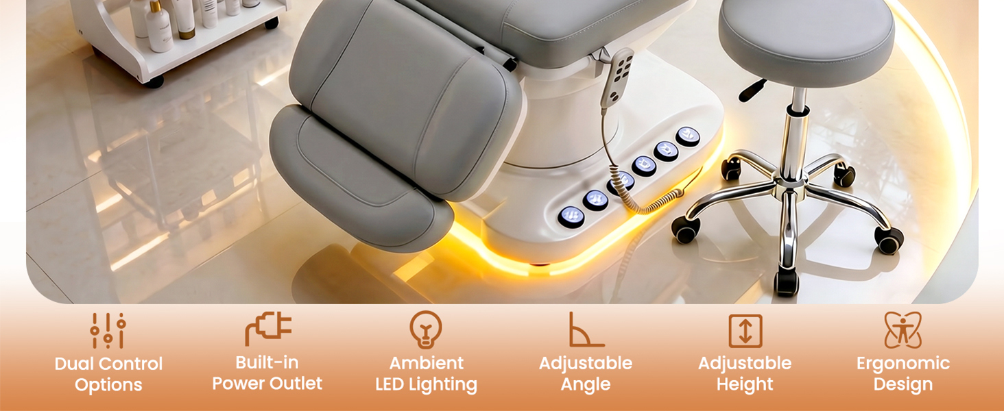 Oakvera Fully Electric Massage Table with 3 Motors, Professional Esthetician Bed with LED Light, Height, Length & Angle Adjustable Beauty Spa Bed for Facial & Medical, Stool Included, Grey