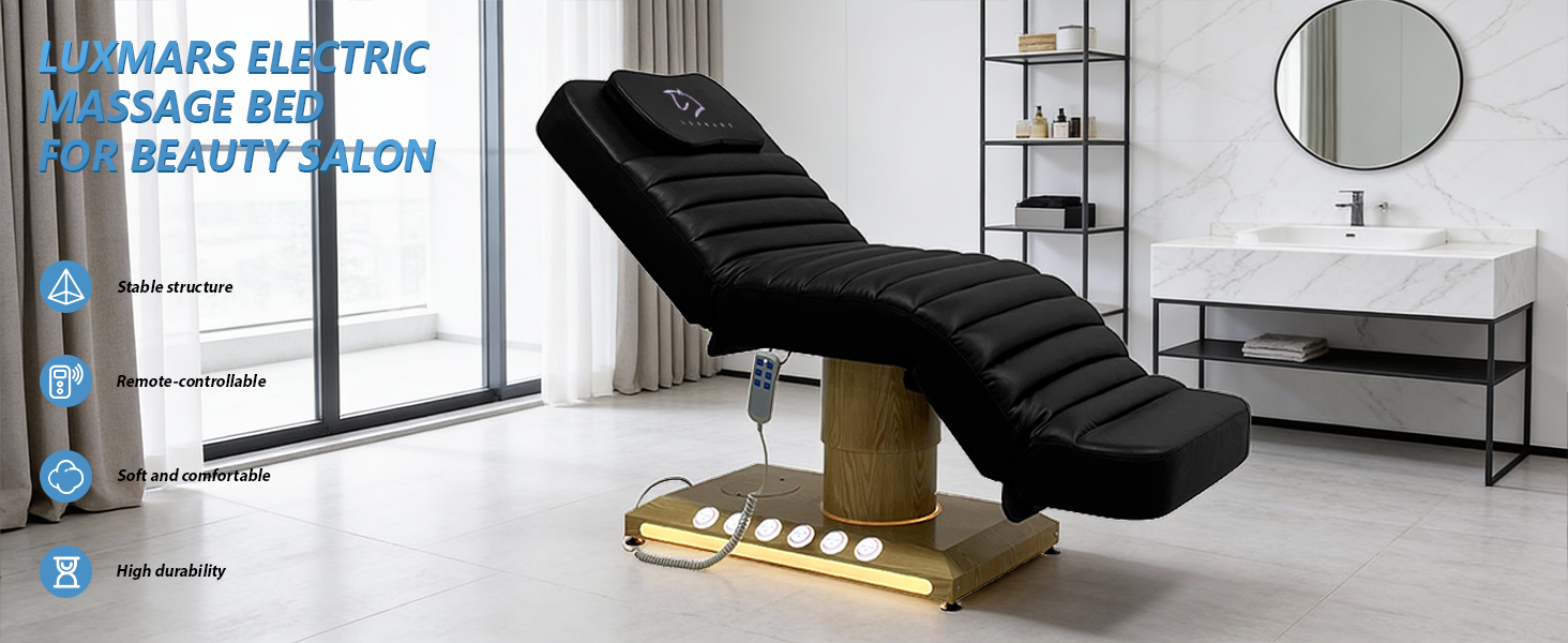 Full Electrical Massage Table, 3 Motors Facial Chair with Remote&Foot Controller,Tattoo Chair for Esthetician with Memory Foam Pillow,Beauty Bed with Removable Headrest for Spa,Salon,Waxing (Black)
