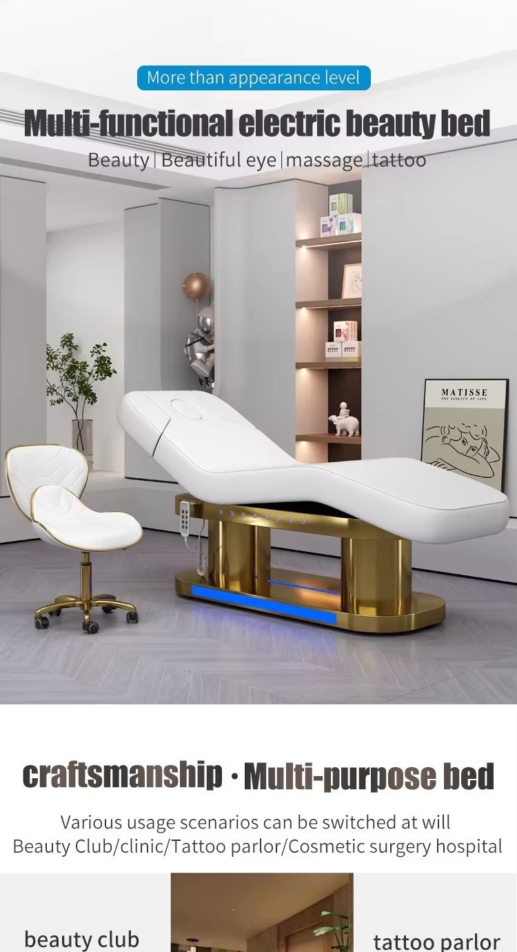 Modern Beauty Salon Furniture Gold Base Therapy Medical Massage Table Luxury 4 Motors Electric Facial Spa Bed with Lights