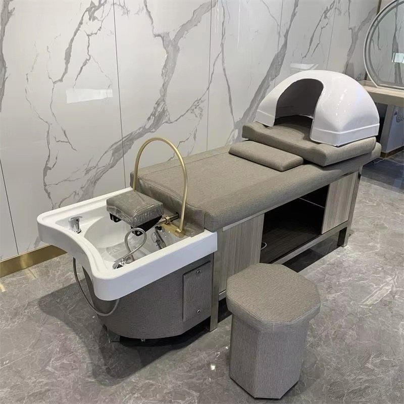 New Design Beauty Hair Salon Equipment Grey Leather Lay Down Washing Salon Shampoo Bed for Sale