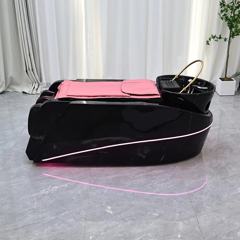 Professional Barbershop Fiberglass Frame Washing Bed Modern Luxury Electric Heating Massage Shampoo Bed with Ceramic Basin