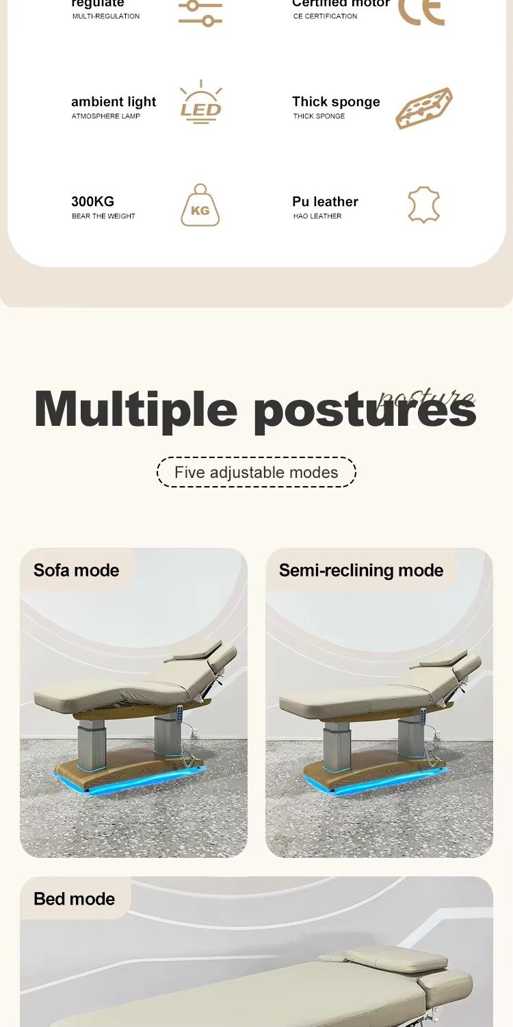Salon Furniture Modern 4 Motors Reclining Beauty Spa Lash Bed Luxury Electric Therapy Massage Bed With Led Lights