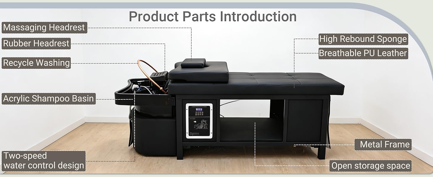 Head Spa Bed, Japanese Head Spa, Shampoo Bed, with Water Circulation & Fumigation Therapy, Scalp Care Massage Table for Barbershop, Salon Station, Massage Parlor (All Black)