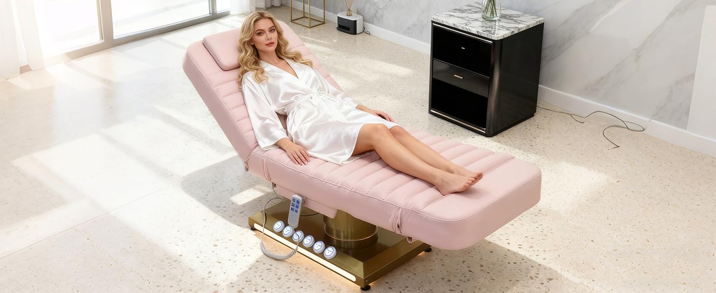 STLWR Electric Massage Table with LED Light, Adjustable Facial Beauty Bed with Foot Control for Spa, Tattoo, Waxing, and Eyelash Extension, Removable Headrest and Armrest, 90° Back & Leg Adjustment