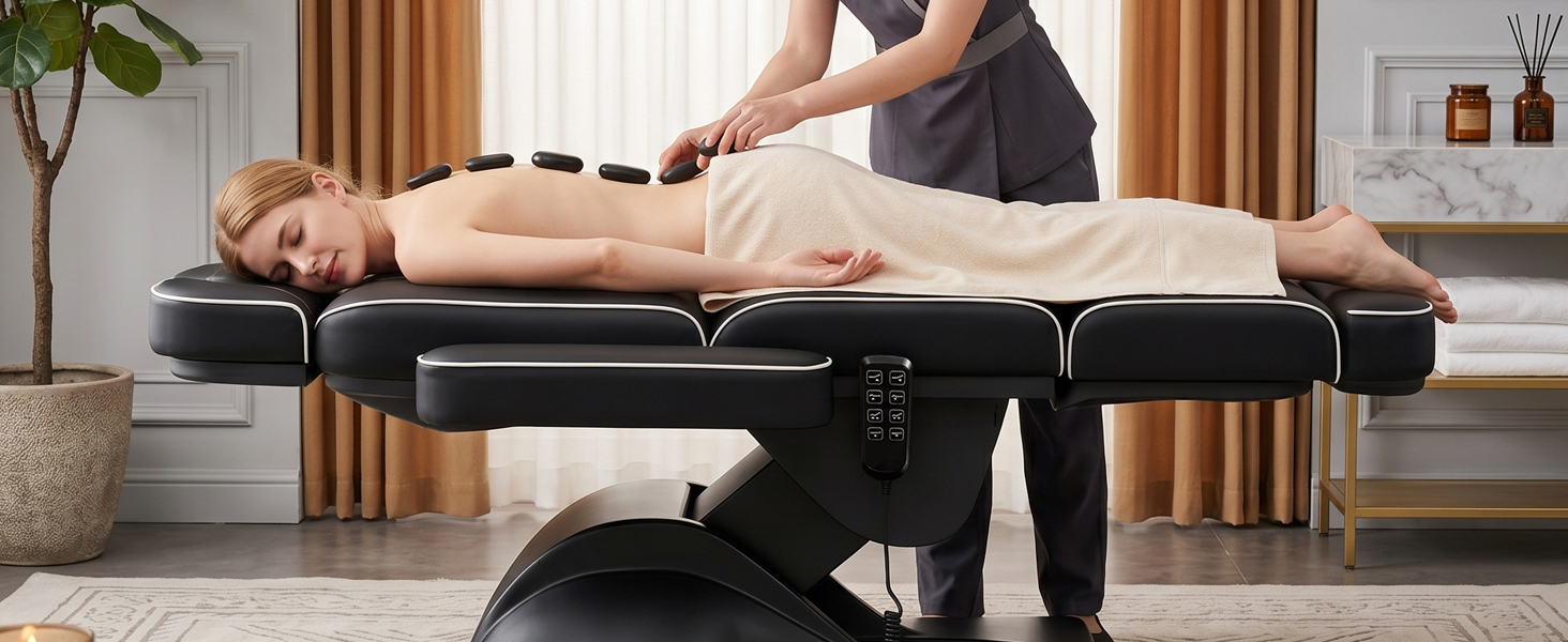 Qnoxlim Full Electric Massage Table with Lift,Whole Piece 3 Motor Professional Facial Bed for Estheticians, Spa & Waxing, Heavy-Duty Adjustable Massage Bed for Physical Therapy (Black)