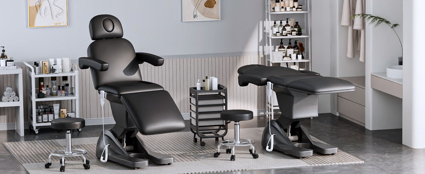 3 Motor Electric Esthetician Bed, Fully Electric Facial Chair with Adjustable Height, Backrest and Footrest, Spa Chair with Armrest & Heavy Duty Base, PU Leather for Spa, Tattoo, Eyelash and So On