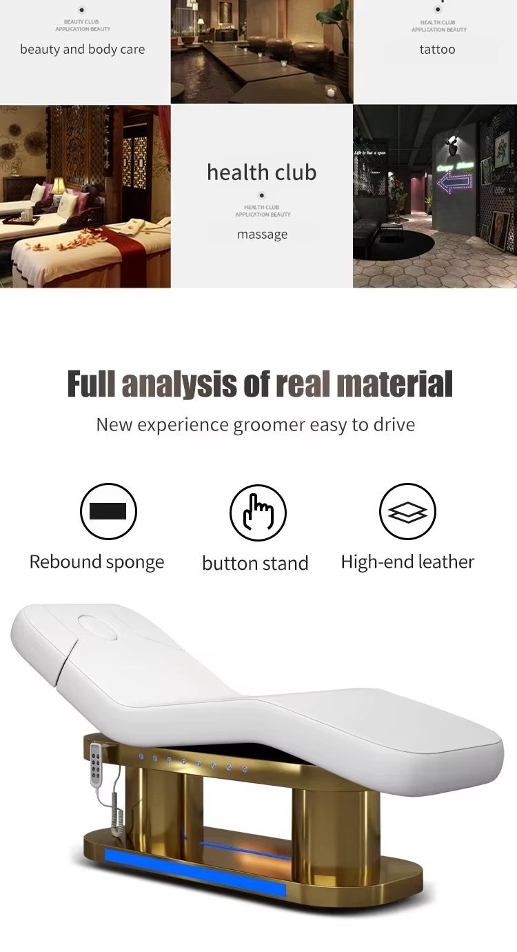 Modern Beauty Salon Furniture Gold Base Therapy Medical Massage Table Luxury 4 Motors Electric Facial Spa Bed with Lights
