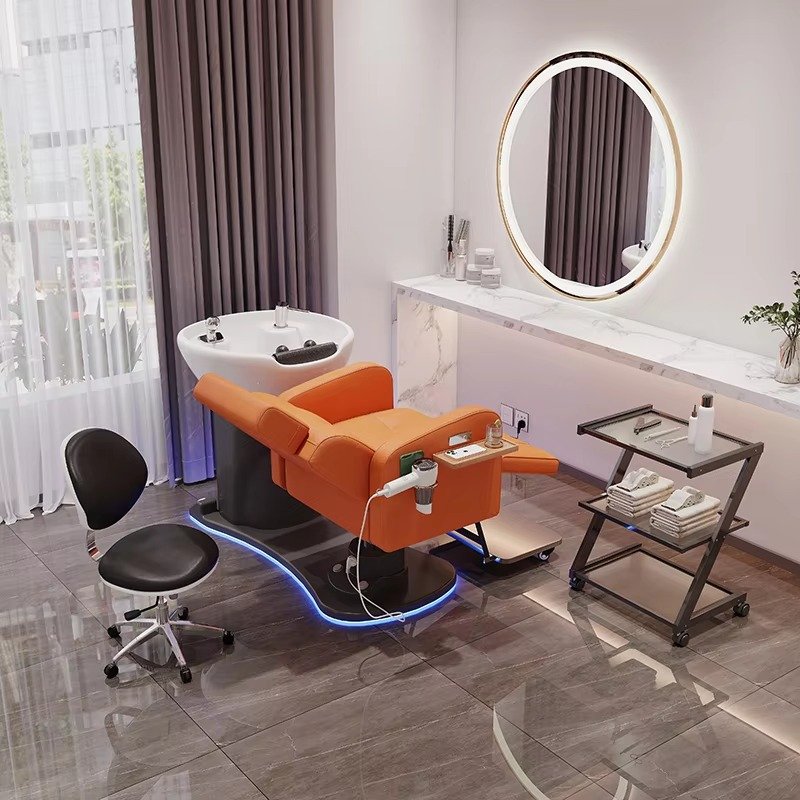 Modern Orange Leather Hairdressing Shampoo Bed Electric Hair Salon Washing Chair with Led Lighting