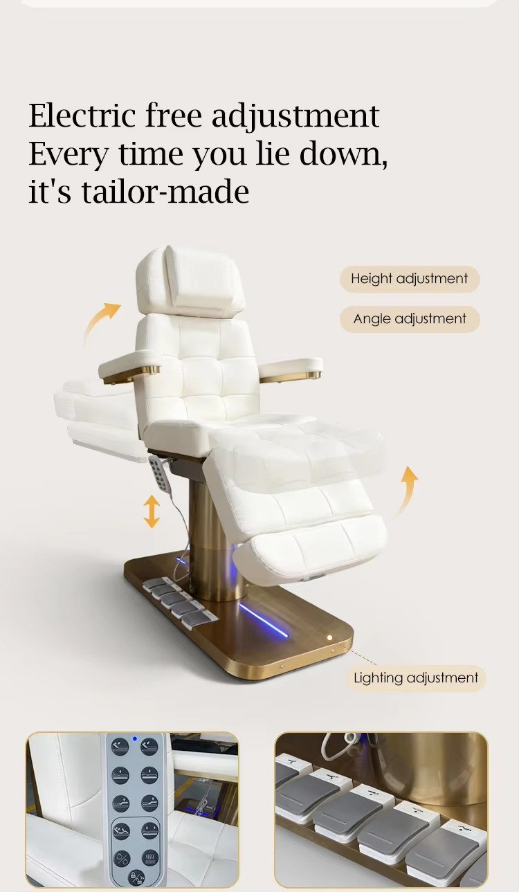Modern White Gold Beauty Salon Furniture 3 Motors Massage Table and Bed Luxury Electric Extension Facial Spa Chair Bed