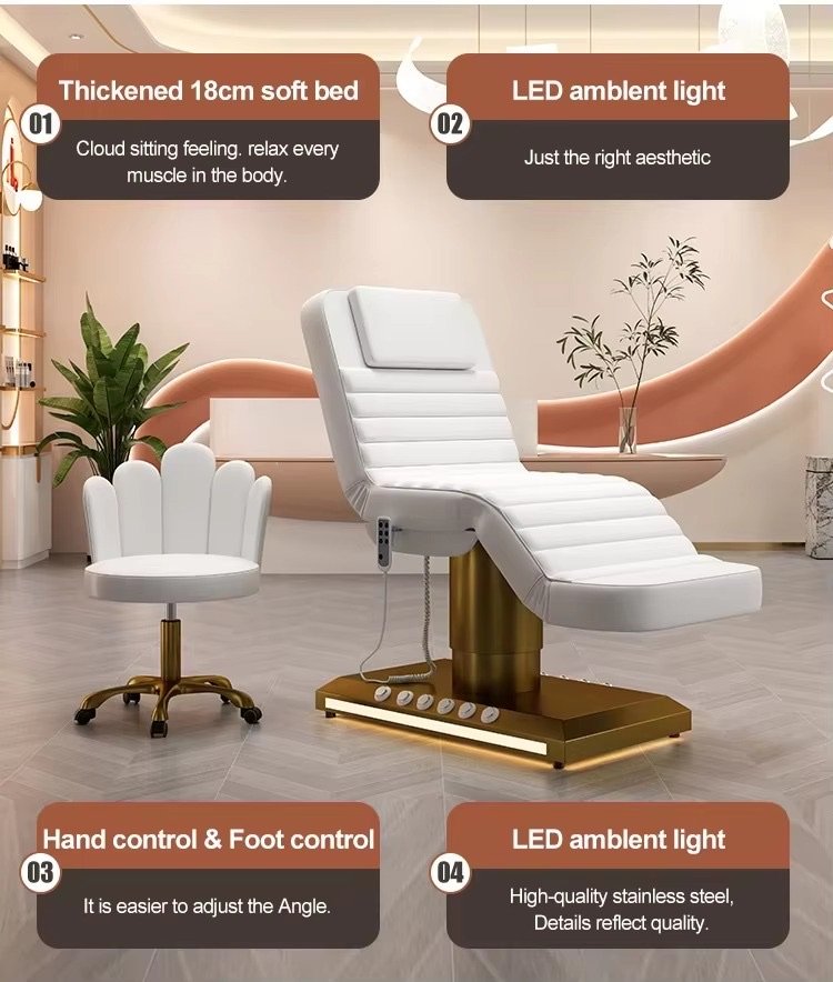 Modern White Gold Esthetician Curve Beauty Salon Bed Luxury Foot Control 3 Motors Electric Facial Spa Massage Table Lash Bed