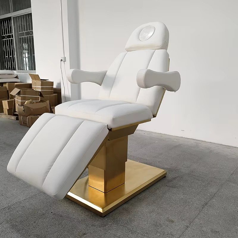 Modern White Gold Stainless Steel Base Leather Facial Spa Massage Table 3 Motor Electric Luxury Lash Bed