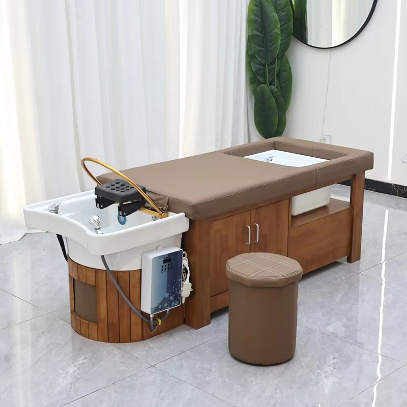 New Arrival Barbershop Furniture Solid Wood Washing Chair Bed Modern Head Spa Foot Bath and Hair Shampoo Bed with Storage