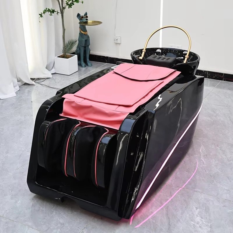 Professional Barbershop Fiberglass Frame Washing Bed Modern Luxury Electric Heating Massage Shampoo Bed with Ceramic Basin