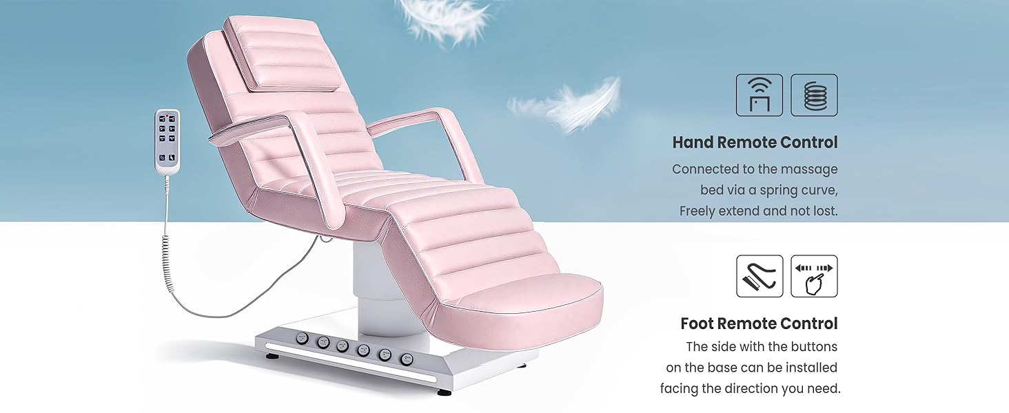 Electric Massage Table with LED Light, Adjustable Facial Bed with Foot Control for Spa, Tattoo, Waxing, and Eyelash Extension, Removable Headrest and Armrest, 90° Back & Leg Adjustment (Pink)