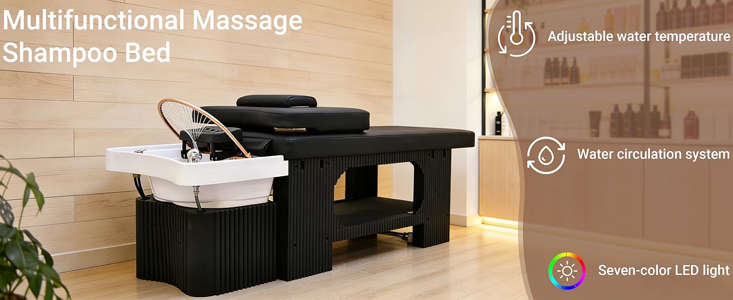 STLWR Massage Table with Shampoo Bowl Massage Bed, with U-Shape Water Massage Shampoo Backwash Unit & Cover Pillow Fumigation LED Scalp Care Light System, Head Spa Massage Bed for Barber Shop
