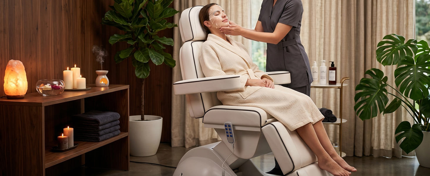 Lexdiwer Whole Piece Fully Electric Facial Massage Bed with 3 Motors for Esthetician, Electric Tattoo Chair for Client, Facial Bed for Esthetician, Electric Adjustment (White)