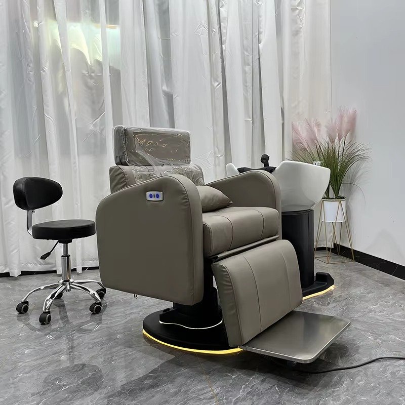 Modern Orange Leather Hairdressing Shampoo Bed Electric Hair Salon Washing Chair with Led Lighting