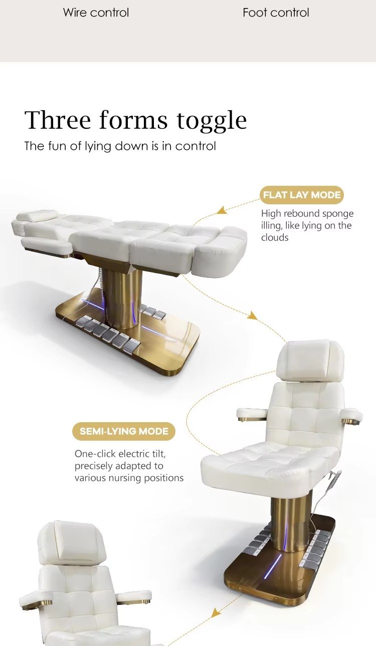 Modern White Gold Beauty Salon Furniture 3 Motors Massage Table and Bed Luxury Electric Extension Facial Spa Chair Bed