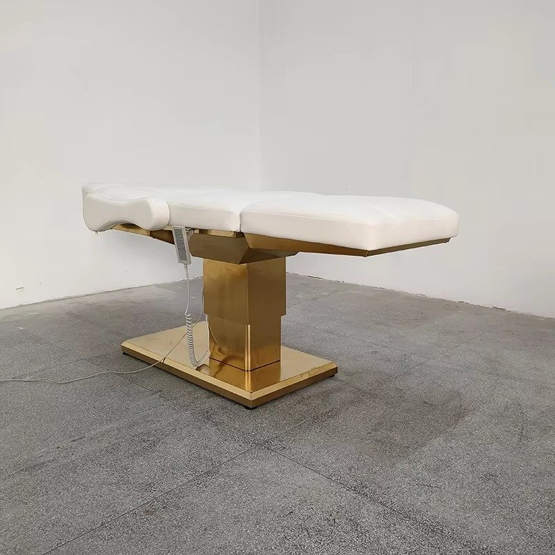Modern White Gold Stainless Steel Base Leather Facial Spa Massage Table 3 Motor Electric Luxury Lash Bed