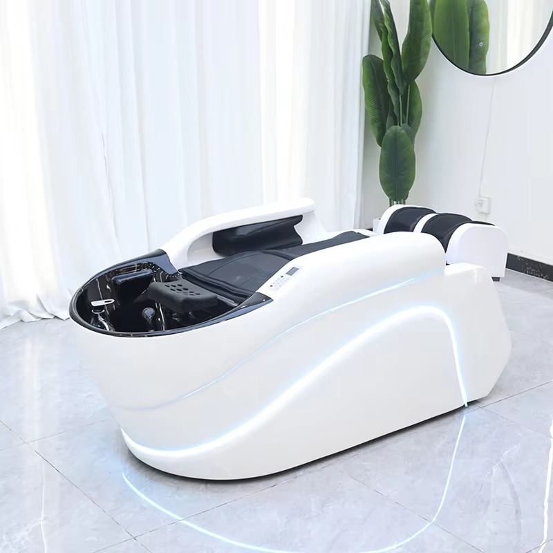 Multifunction Barbershop Equipment Head Therapy Washing Bed Modern Luxury Beauty Salon Electric Massage Shampoo Bed with Lights
