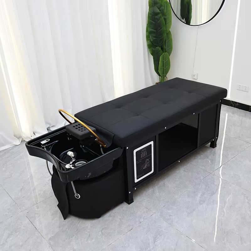Thai Style Lay Down Barber Shop Water Circulation Washing Bed Modern Luxury Full Black Salon Shampoo Bed with Steamer