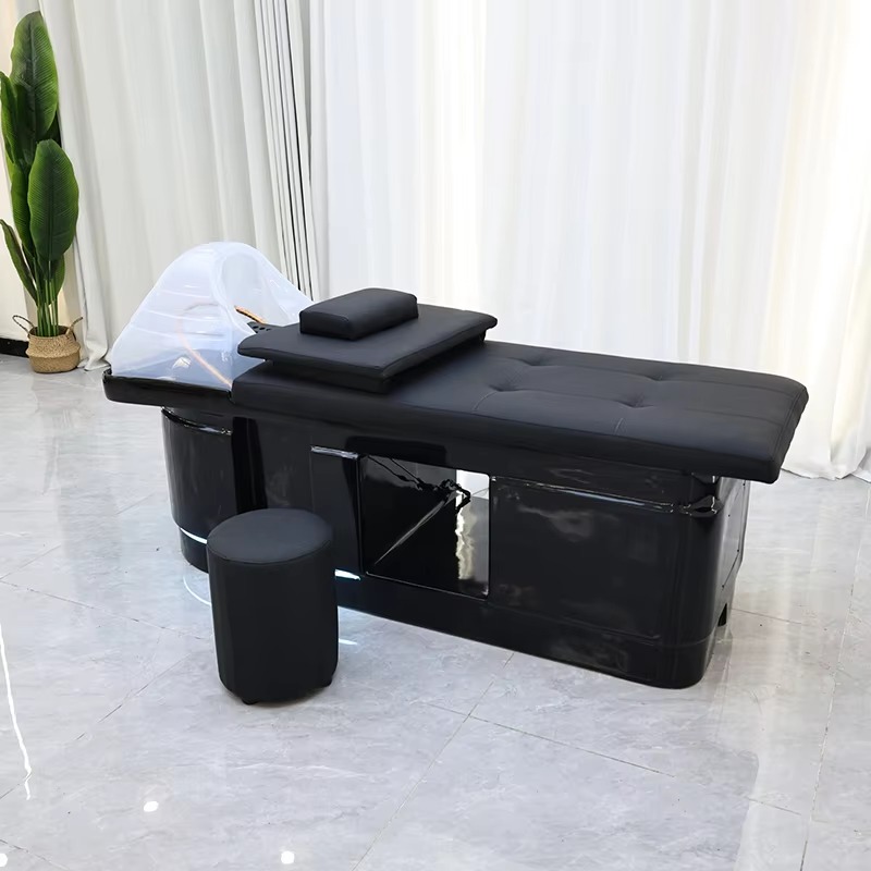 Thia Style Water Circulation Full Black Washing Chair Bed Modern Lay Down Head Therapy Spa Shampoo Bed with Lights and Steamer