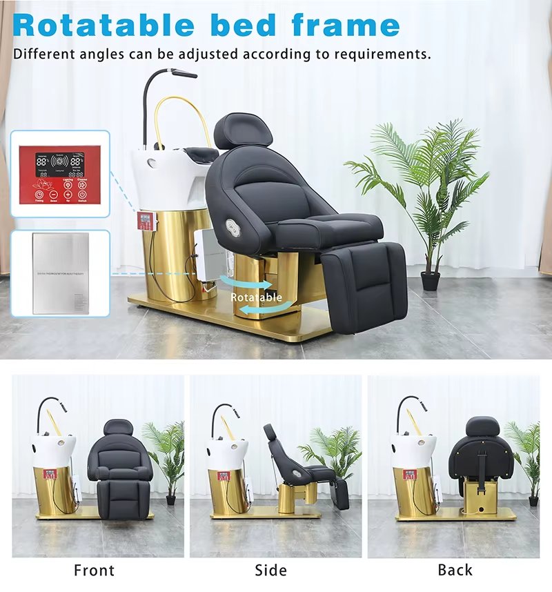 Luxury Gold Stainless Steel Base Electric Reclining Washing Chair Bed Modern Rotation Barbershop Furniture Shampoo Chair