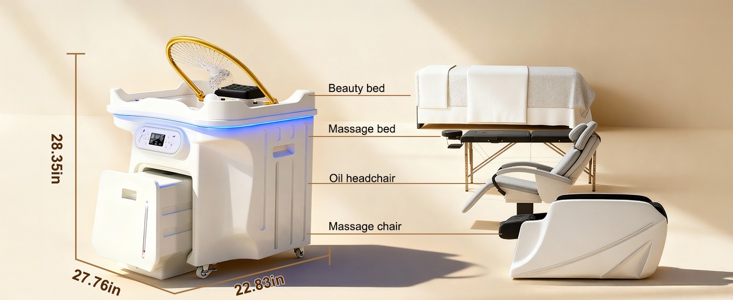 TooMiMo Japanese Head Spa Equipment - 58% Energy Saving (1600W) Light Therapy Waterfall, Height-Adjustable Portable Bed with 25L Waste Tank, IPX4 Protection for Home Salon Scalp Care