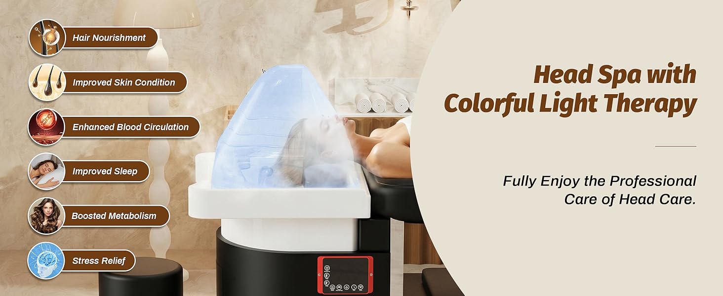 Baasha Head Spa Bed with Water Circulation, All-in-One Shampoo Bed Chair for Salons. Integrated Steam Treatment, 7-Color Light Therapy & Scalp Massage Table for Beauty