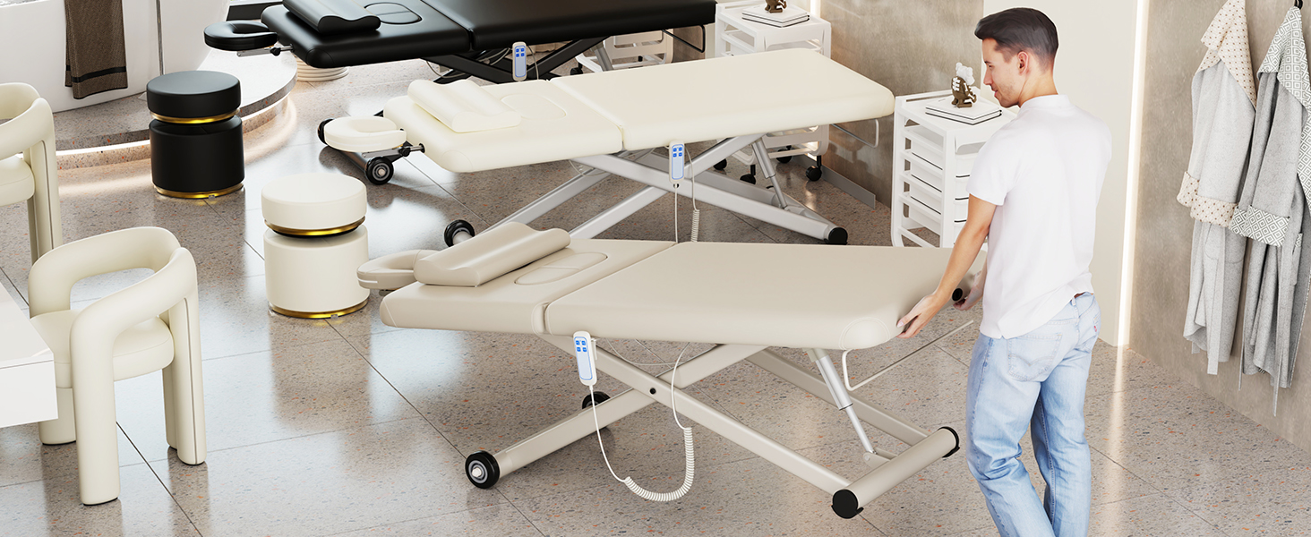 Dolonm Electric Massage Table, Heavy Duty Electric Lift and Backrest 2 Motor Adjustable for Treatment Medical Spa Facial Bed Beauty Bed Massage and More - 31.2 Wide x 75 Long, Beige Gray