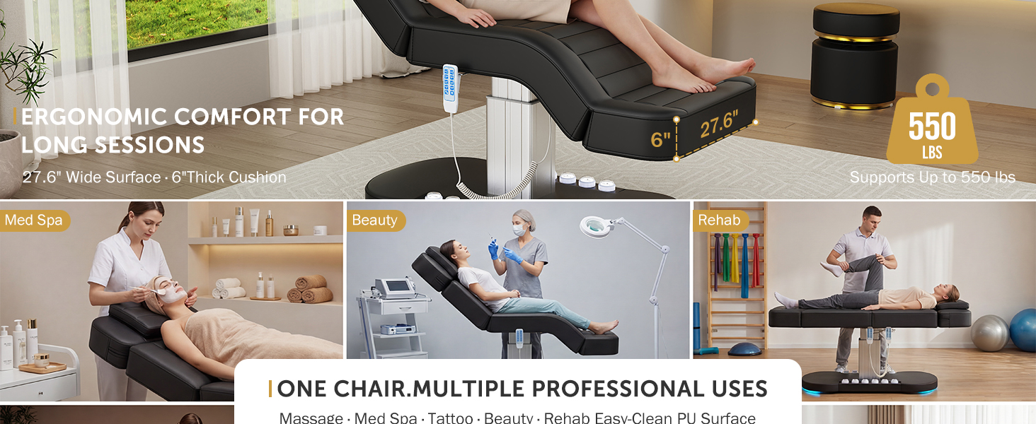Fully Electric Spa Table Chair with LED Light, 3 Motor Height, Backrest, Leg Support Adjustable for Massage, Facial, Medical, Tattoo, Waxing, Eyelash Extension, Beauty Salon and More - Black