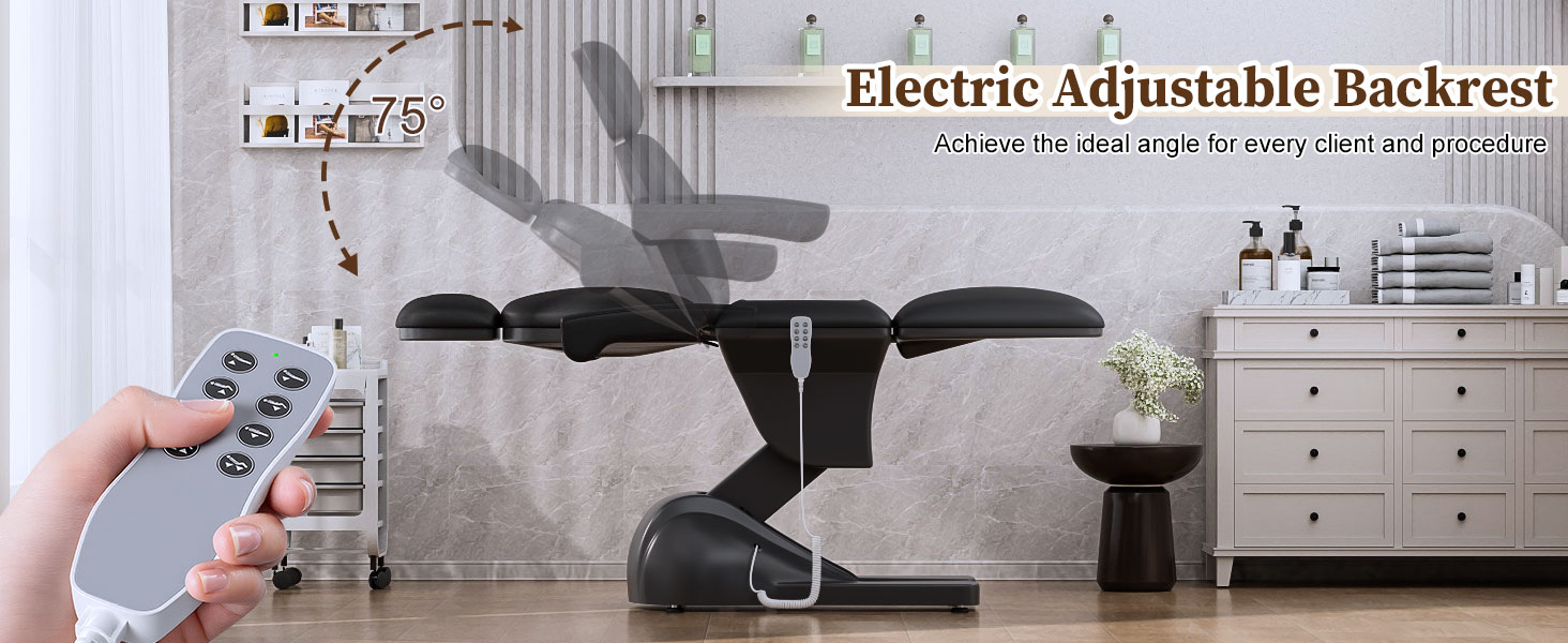 3 Motor Electric Esthetician Bed, Fully Electric Facial Chair with Adjustable Height, Backrest and Footrest, Spa Chair with Armrest & Heavy Duty Base, PU Leather for Spa, Tattoo, Eyelash and So On