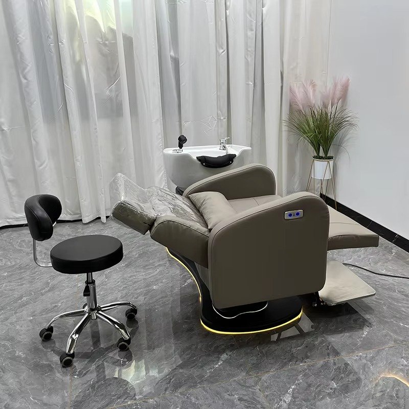 Modern Orange Leather Hairdressing Shampoo Bed Electric Hair Salon Washing Chair with Led Lighting