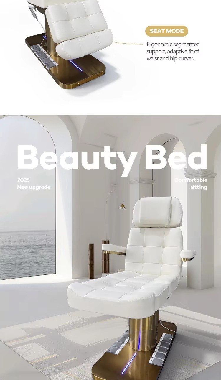 Modern White Gold Beauty Salon Furniture 3 Motors Massage Table and Bed Luxury Electric Extension Facial Spa Chair Bed