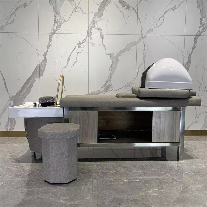 New Design Beauty Hair Salon Equipment Grey Leather Lay Down Washing Salon Shampoo Bed for Sale