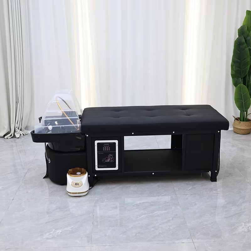 Thai Style Lay Down Barber Shop Water Circulation Washing Bed Modern Luxury Full Black Salon Shampoo Bed with Steamer