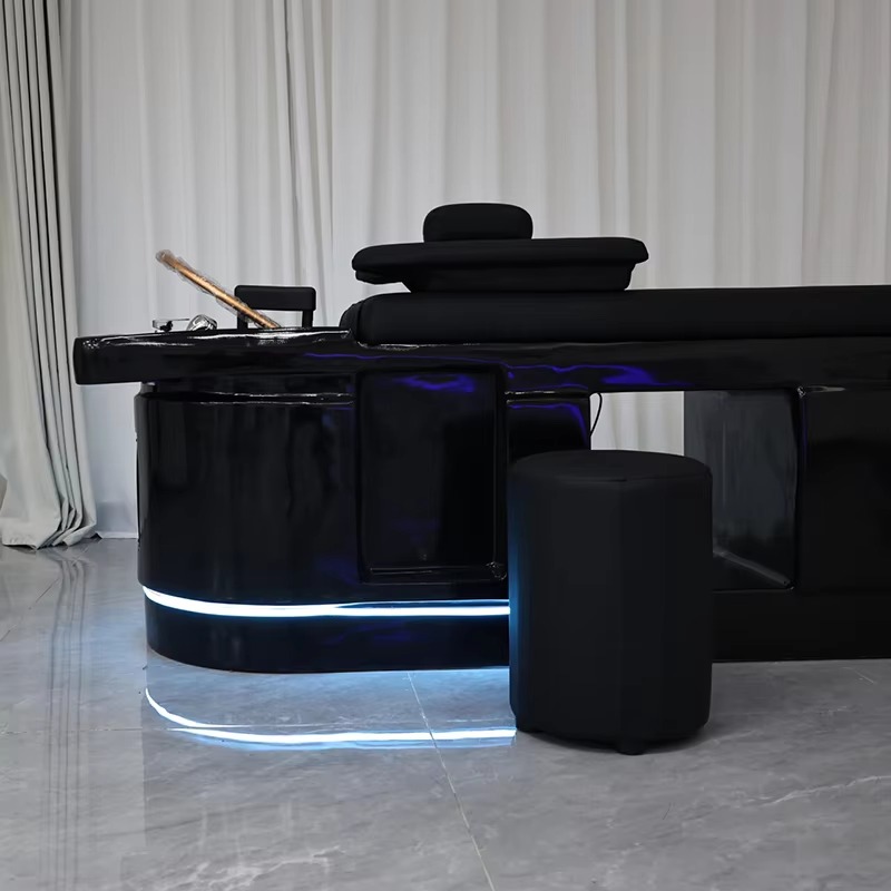 Thia Style Water Circulation Full Black Washing Chair Bed Modern Lay Down Head Therapy Spa Shampoo Bed with Lights and Steamer