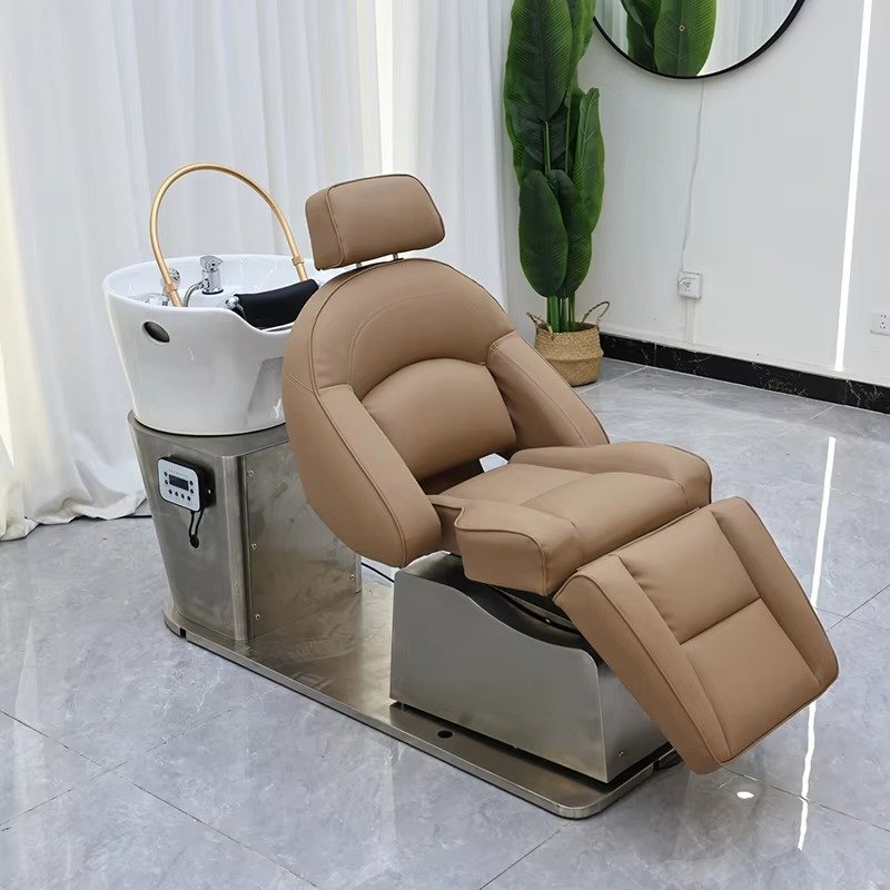 Luxury Silver Stainless Steel Base Electric Reclining Washing Chair Bed Modern Multifunction Barber Shop Swivel Shampoo Chair