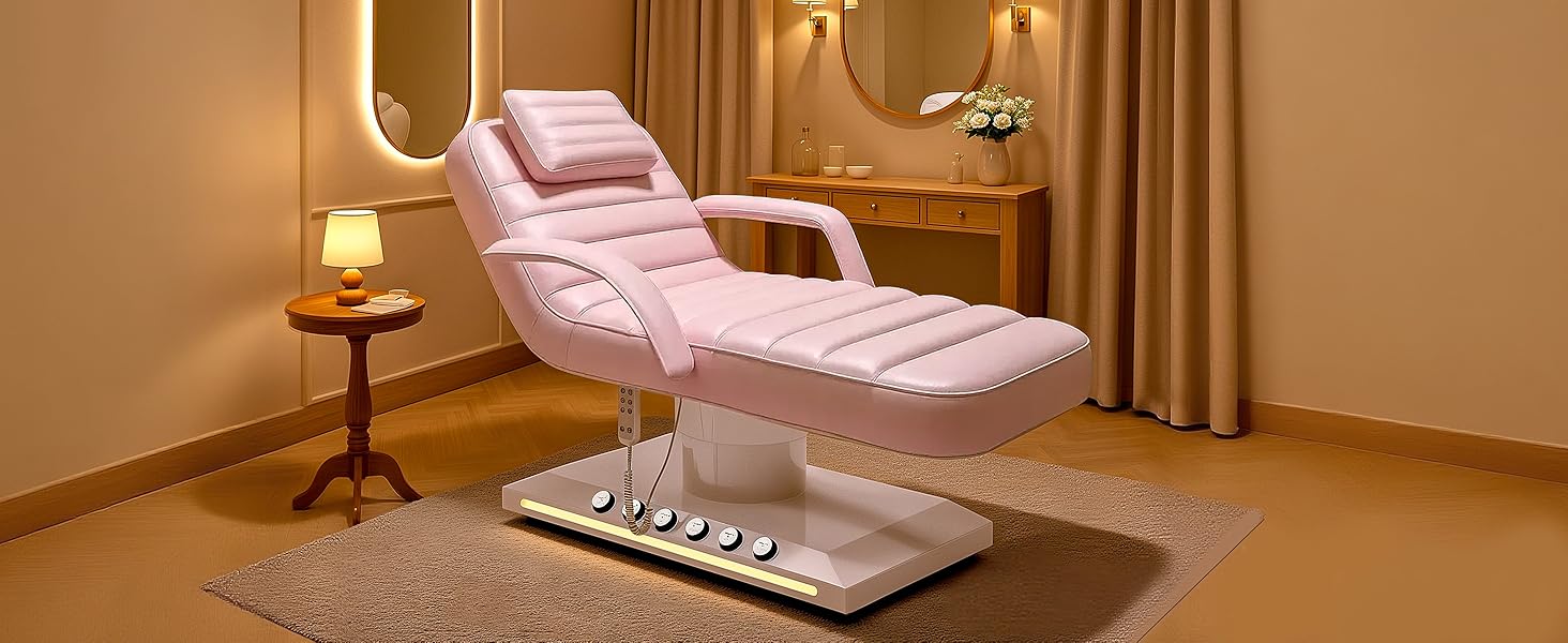 Electric Massage Table with LED Light, Adjustable Facial Bed with Foot Control for Spa, Tattoo, Waxing, and Eyelash Extension, Removable Headrest and Armrest, 90° Back & Leg Adjustment (Pink)