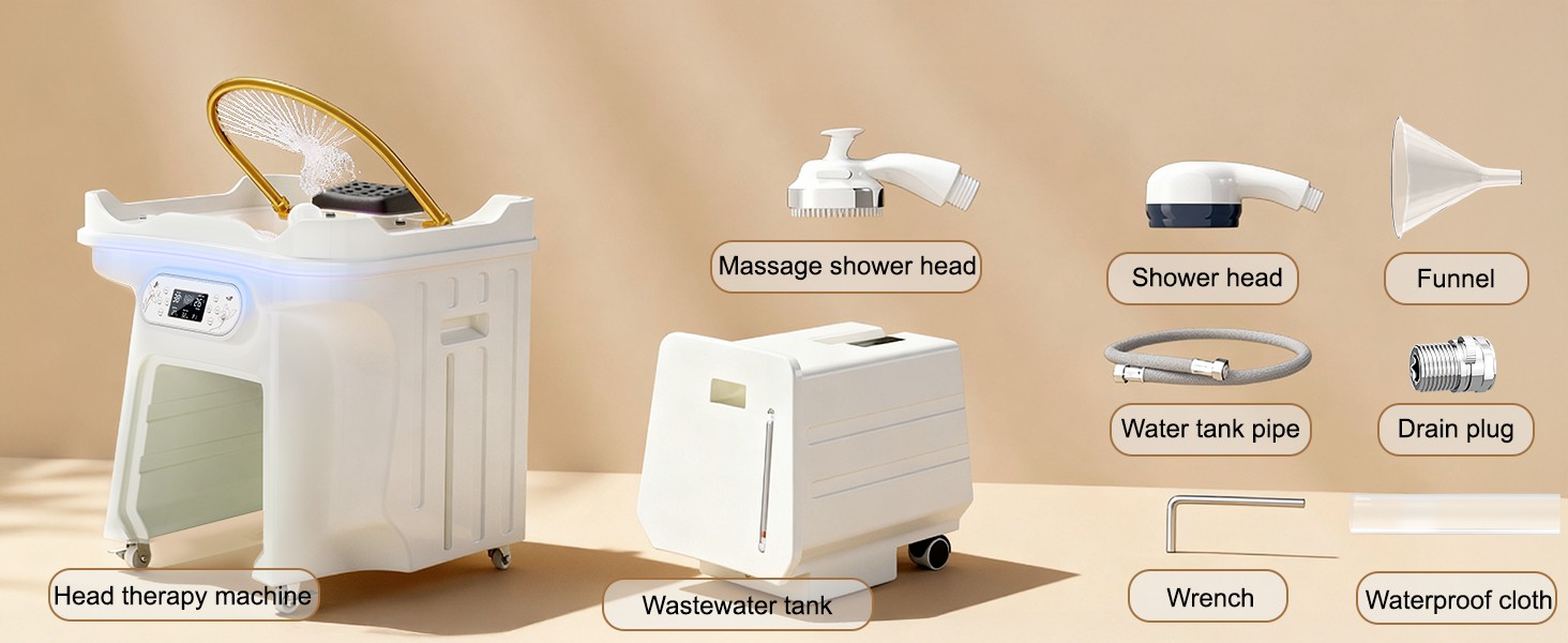 TooMiMo Japanese Head Spa Equipment - 58% Energy Saving (1600W) Light Therapy Waterfall, Height-Adjustable Portable Bed with 25L Waste Tank, IPX4 Protection for Home Salon Scalp Care
