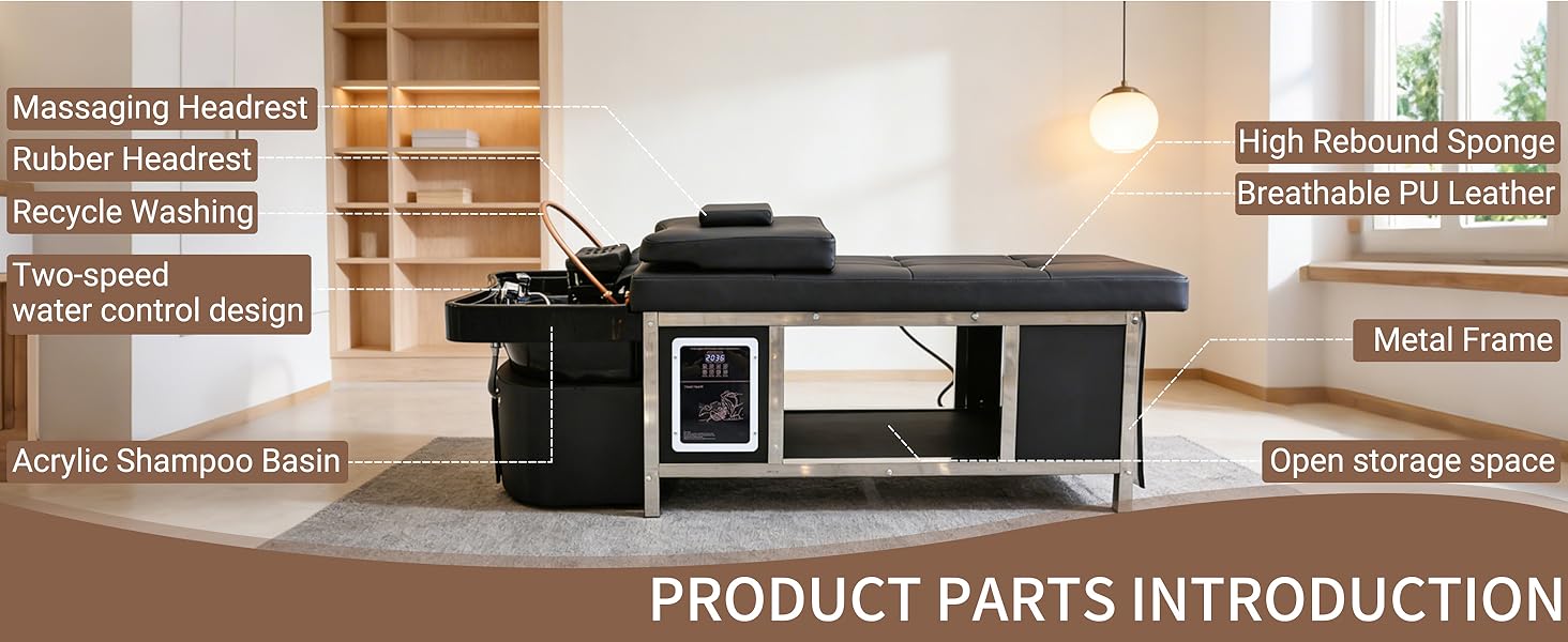Professional Grade Luxury Head Spa Bed - All-in-One Shampoo Bowl Unit with Water Circulation, Steam Fumigation & Light Therapy - Multi-Functional Massage Table for Home Spa & Salon Use (D)